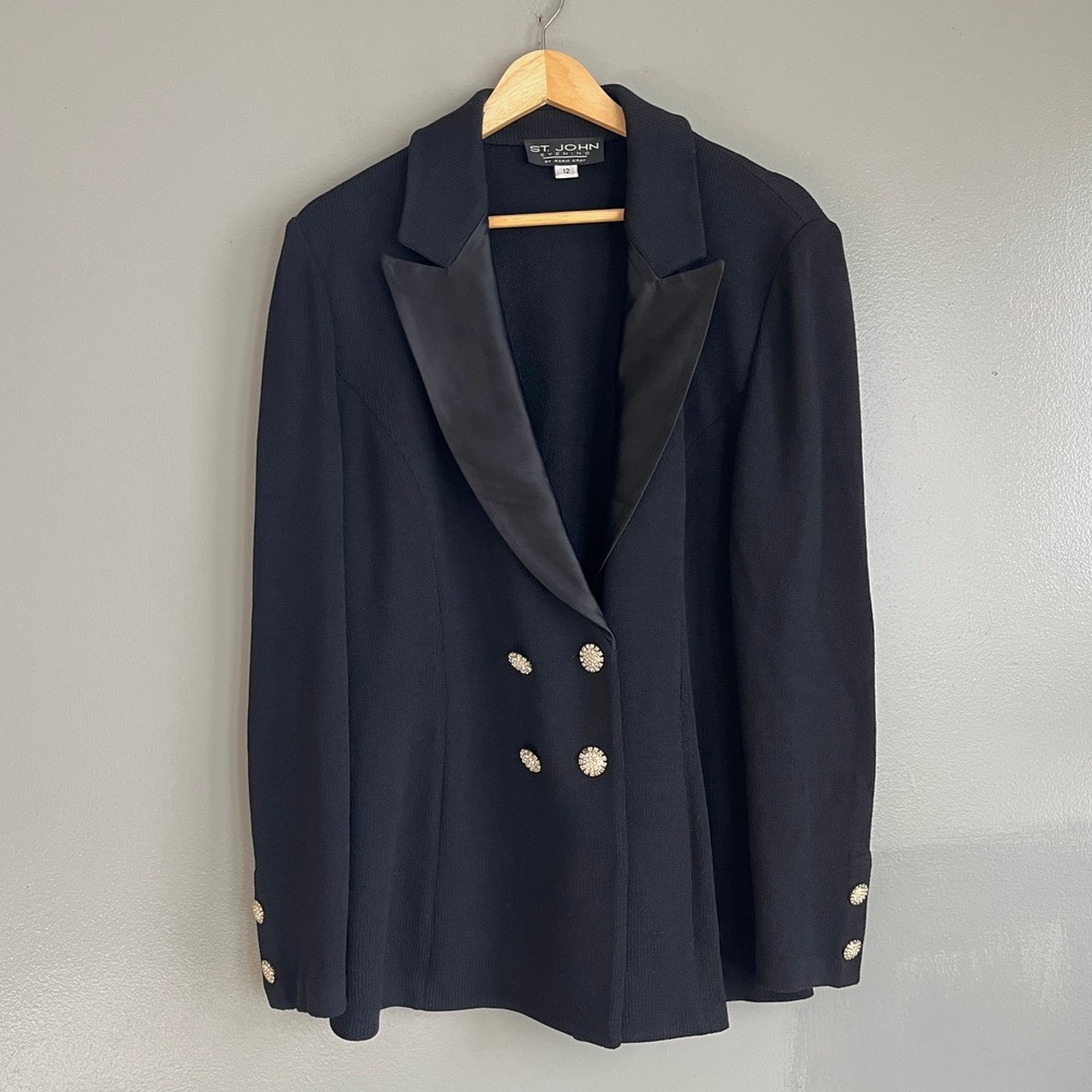 St. John Evening Blazer Knit Jacket 12 Black Satin Lapel Rhinestone Buttons